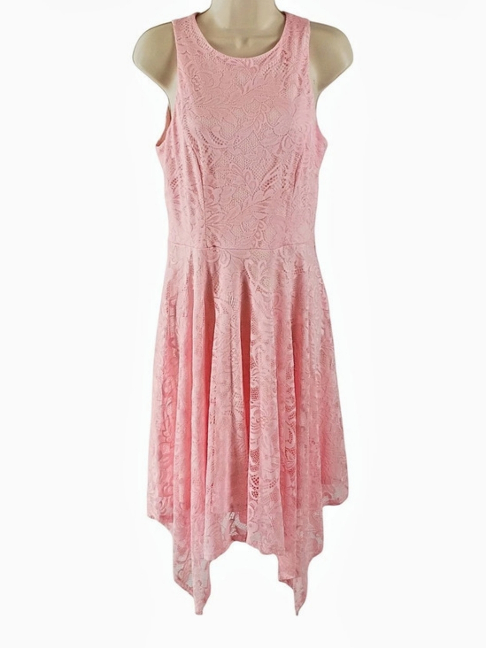 Bridesmay Floral Lace Hankerchief Hem Dress in Pink Size Medium